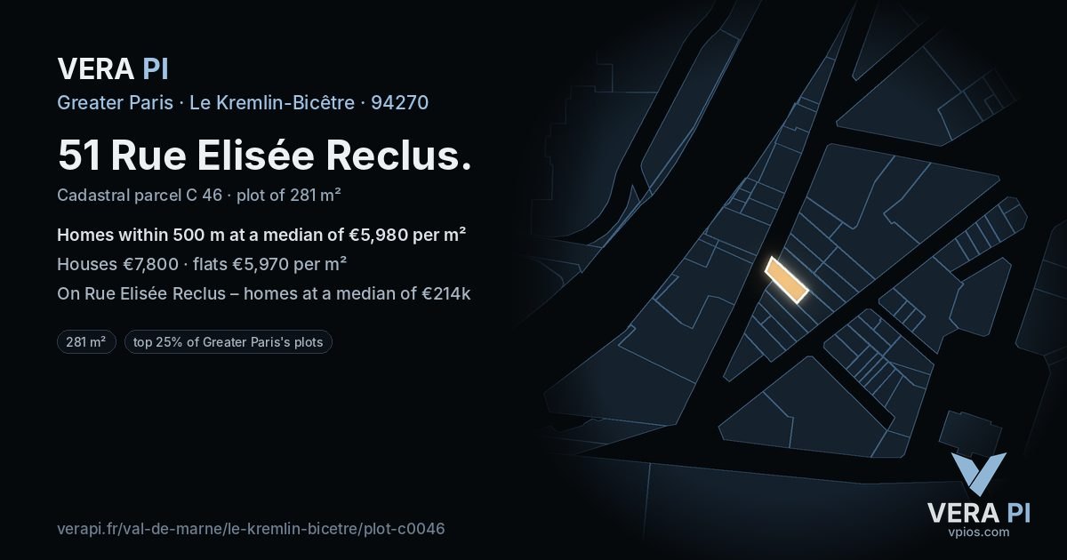 51 Rue Elisée Reclus, Le Kremlin-Bicêtre at night – the plot lit, the parcels around coloured by the prices near them