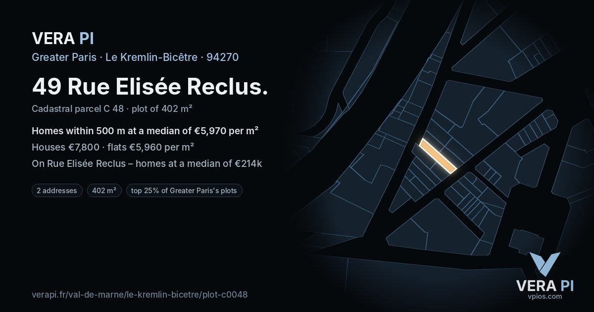49 Rue Elisée Reclus, Le Kremlin-Bicêtre at night – the plot lit, the parcels around coloured by the prices near them
