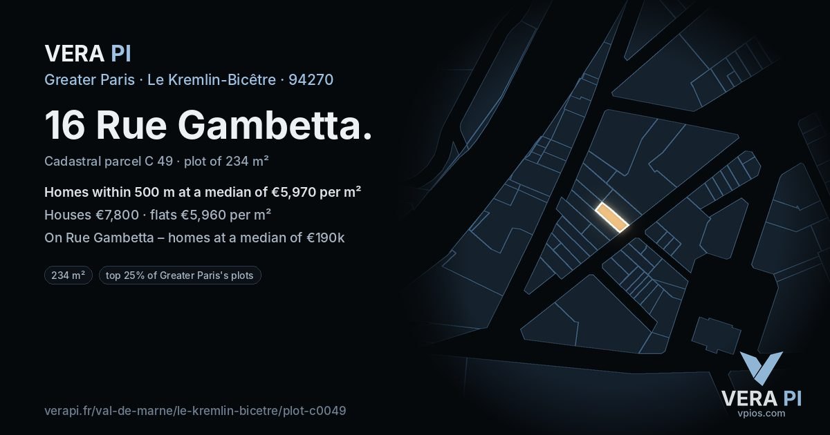 16 Rue Gambetta, Le Kremlin-Bicêtre at night – the plot lit, the parcels around coloured by the prices near them
