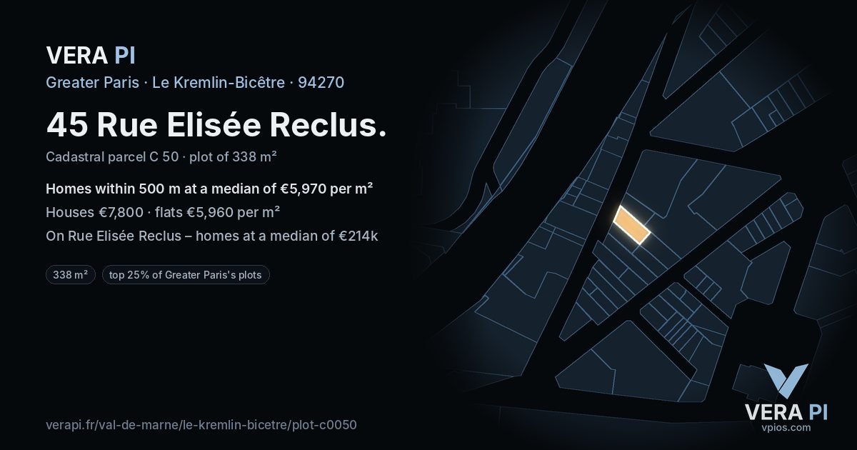 45 Rue Elisée Reclus, Le Kremlin-Bicêtre at night – the plot lit, the parcels around coloured by the prices near them