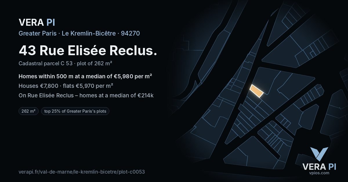 43 Rue Elisée Reclus, Le Kremlin-Bicêtre at night – the plot lit, the parcels around coloured by the prices near them
