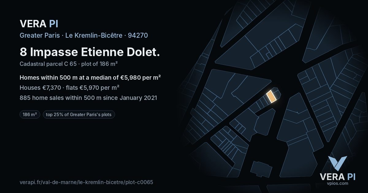 8 Impasse Etienne Dolet, Le Kremlin-Bicêtre at night – the plot lit, the parcels around coloured by the prices near them