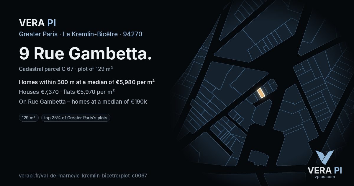 9 Rue Gambetta, Le Kremlin-Bicêtre at night – the plot lit, the parcels around coloured by the prices near them