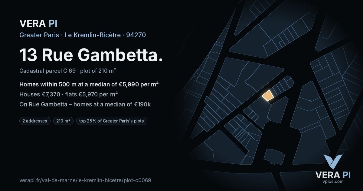 13 Rue Gambetta, Le Kremlin-Bicêtre at night – the plot lit, the parcels around coloured by the prices near them
