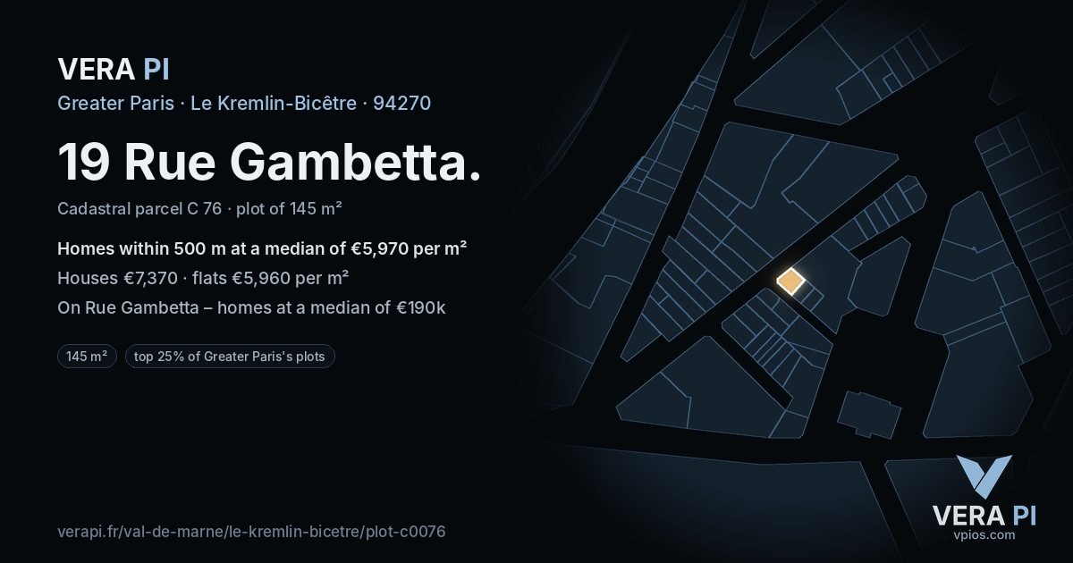 19 Rue Gambetta, Le Kremlin-Bicêtre at night – the plot lit, the parcels around coloured by the prices near them