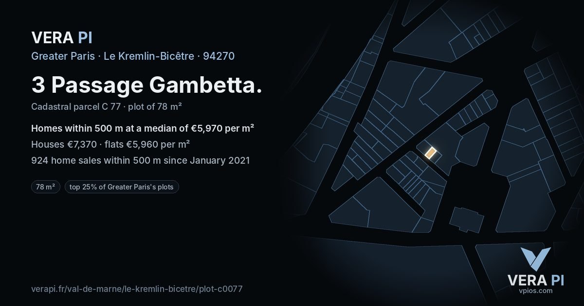 3 Passage Gambetta, Le Kremlin-Bicêtre at night – the plot lit, the parcels around coloured by the prices near them