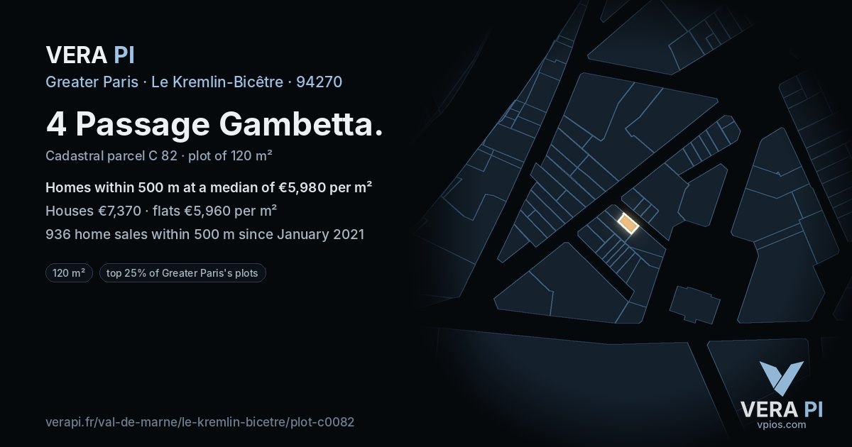 4 Passage Gambetta, Le Kremlin-Bicêtre at night – the plot lit, the parcels around coloured by the prices near them