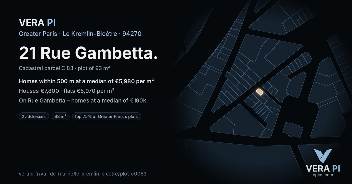 21 Rue Gambetta, Le Kremlin-Bicêtre at night – the plot lit, the parcels around coloured by the prices near them