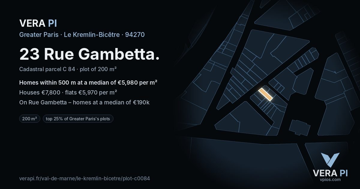 23 Rue Gambetta, Le Kremlin-Bicêtre at night – the plot lit, the parcels around coloured by the prices near them
