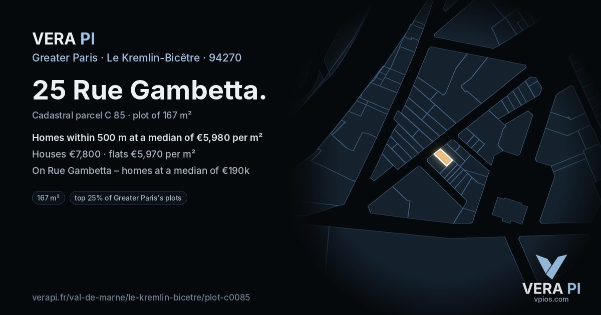 25 Rue Gambetta, Le Kremlin-Bicêtre at night – the plot lit, the parcels around coloured by the prices near them