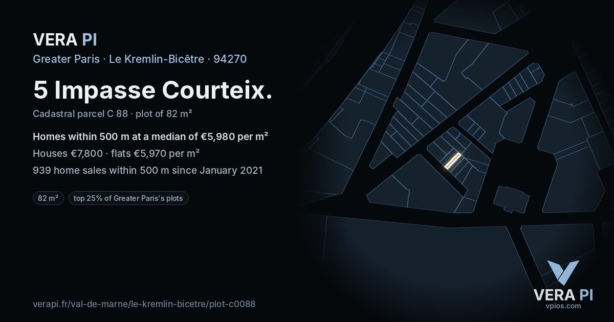 5 Impasse Courteix, Le Kremlin-Bicêtre at night – the plot lit, the parcels around coloured by the prices near them