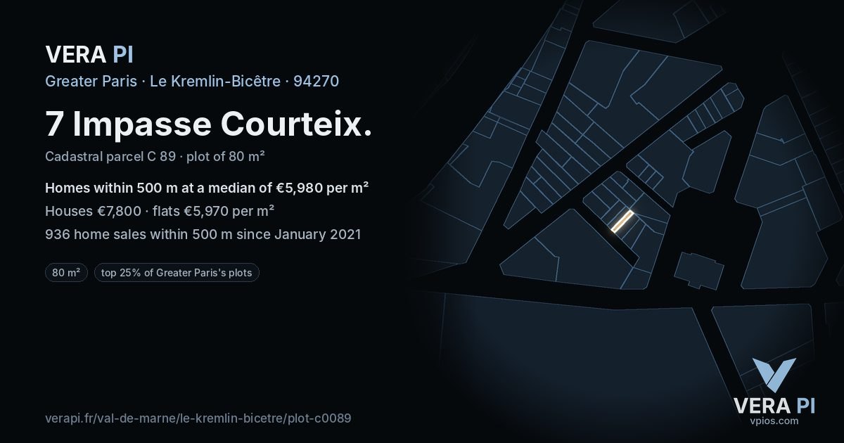 7 Impasse Courteix, Le Kremlin-Bicêtre at night – the plot lit, the parcels around coloured by the prices near them