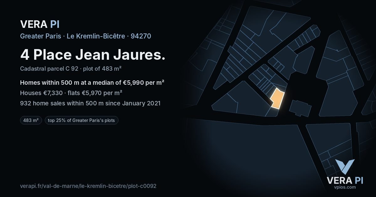 4 Place Jean Jaures, Le Kremlin-Bicêtre at night – the plot lit, the parcels around coloured by the prices near them