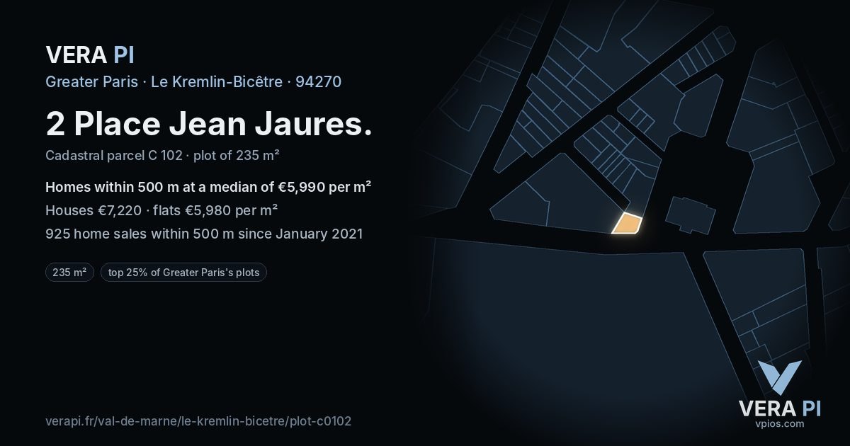 2 Place Jean Jaures, Le Kremlin-Bicêtre at night – the plot lit, the parcels around coloured by the prices near them
