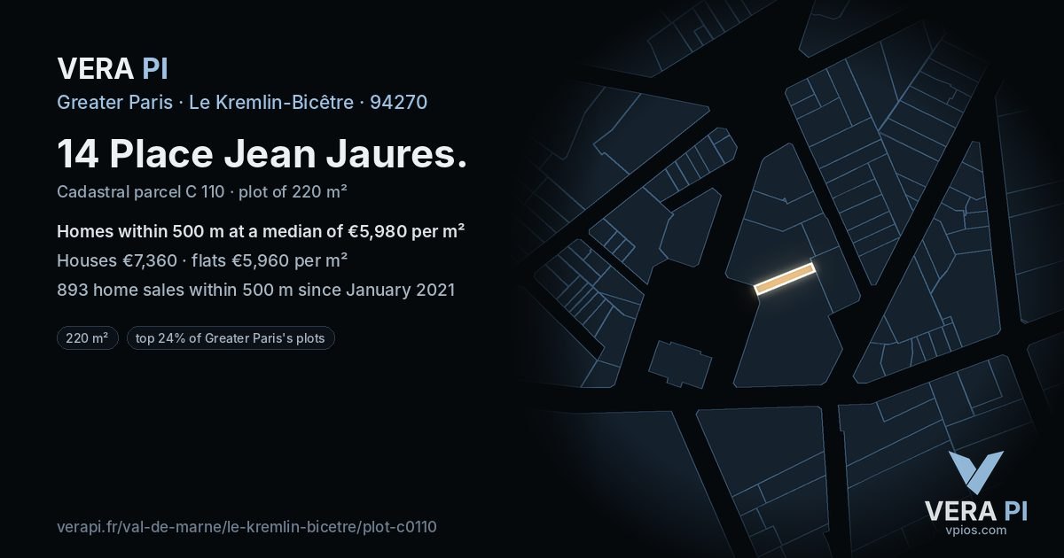 14 Place Jean Jaures, Le Kremlin-Bicêtre at night – the plot lit, the parcels around coloured by the prices near them