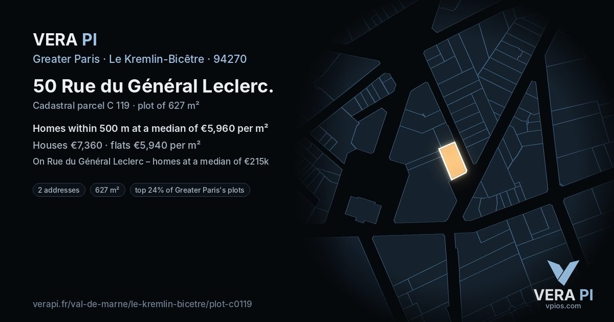50 Rue du Général Leclerc, Le Kremlin-Bicêtre at night – the plot lit, the parcels around coloured by the prices near them