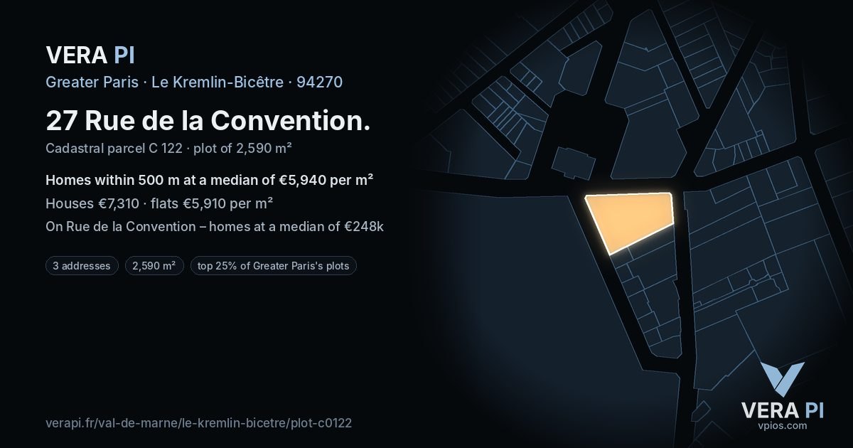 27 Rue de la Convention, Le Kremlin-Bicêtre at night – the plot lit, the parcels around coloured by the prices near them