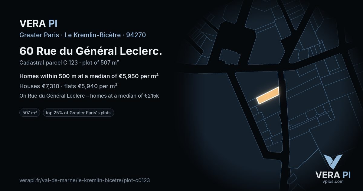 60 Rue du Général Leclerc, Le Kremlin-Bicêtre at night – the plot lit, the parcels around coloured by the prices near them