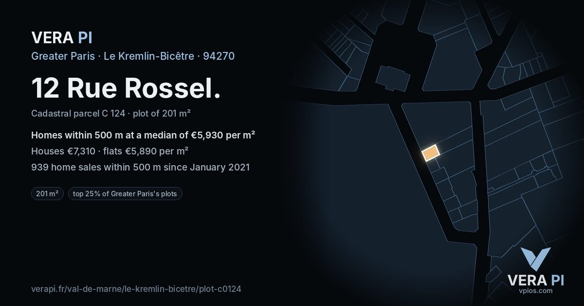 12 Rue Rossel, Le Kremlin-Bicêtre at night – the plot lit, the parcels around coloured by the prices near them