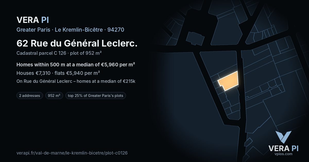 62 Rue du Général Leclerc, Le Kremlin-Bicêtre at night – the plot lit, the parcels around coloured by the prices near them