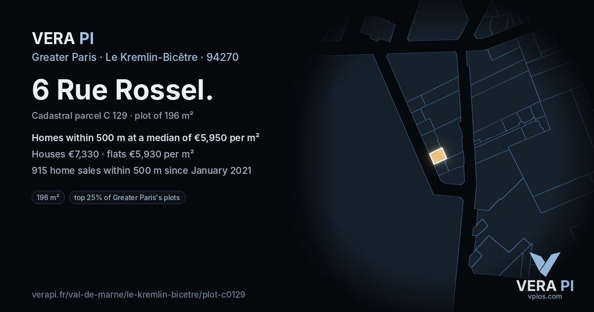 6 Rue Rossel, Le Kremlin-Bicêtre at night – the plot lit, the parcels around coloured by the prices near them