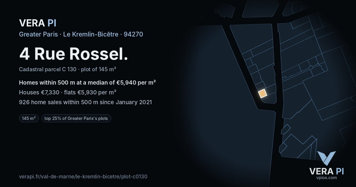 4 Rue Rossel, Le Kremlin-Bicêtre at night – the plot lit, the parcels around coloured by the prices near them