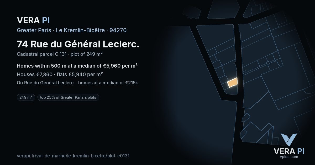 74 Rue du Général Leclerc, Le Kremlin-Bicêtre at night – the plot lit, the parcels around coloured by the prices near them