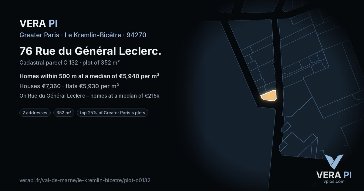 76 Rue du Général Leclerc, Le Kremlin-Bicêtre at night – the plot lit, the parcels around coloured by the prices near them