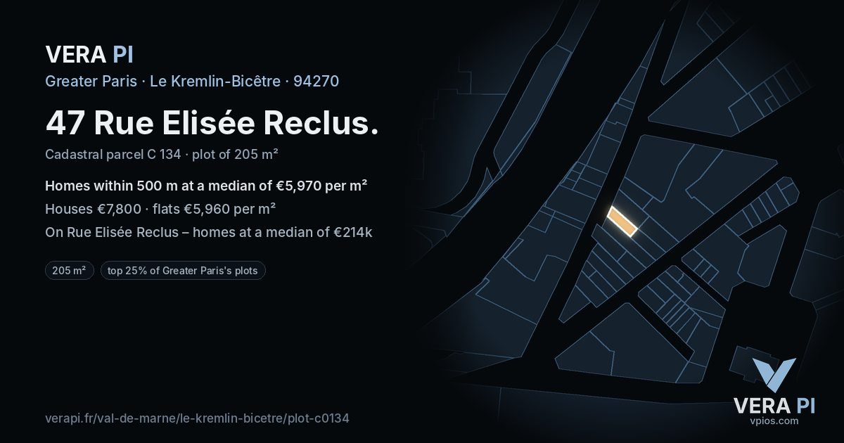 47 Rue Elisée Reclus, Le Kremlin-Bicêtre at night – the plot lit, the parcels around coloured by the prices near them