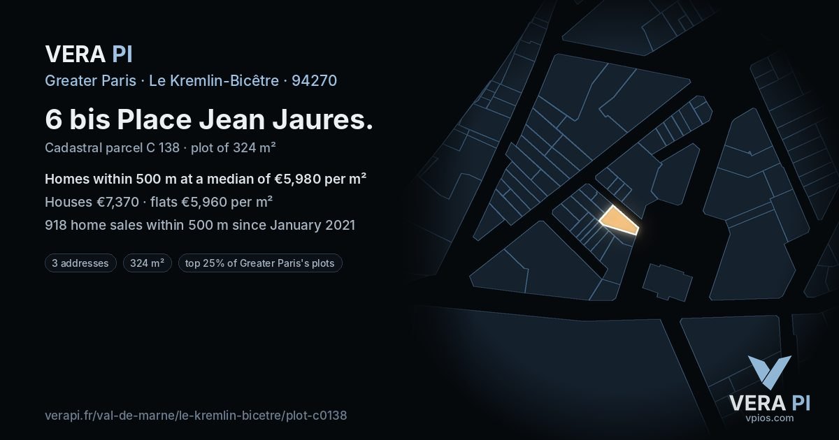 6 bis Place Jean Jaures, Le Kremlin-Bicêtre at night – the plot lit, the parcels around coloured by the prices near them