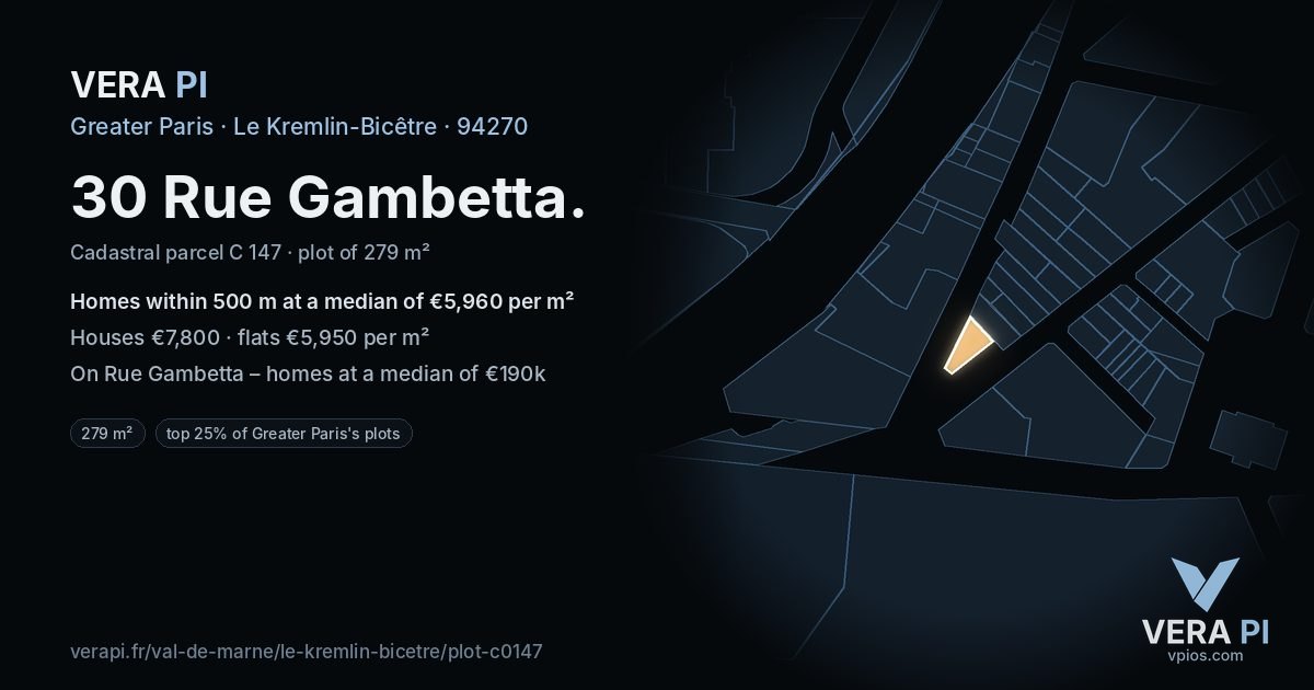 30 Rue Gambetta, Le Kremlin-Bicêtre at night – the plot lit, the parcels around coloured by the prices near them