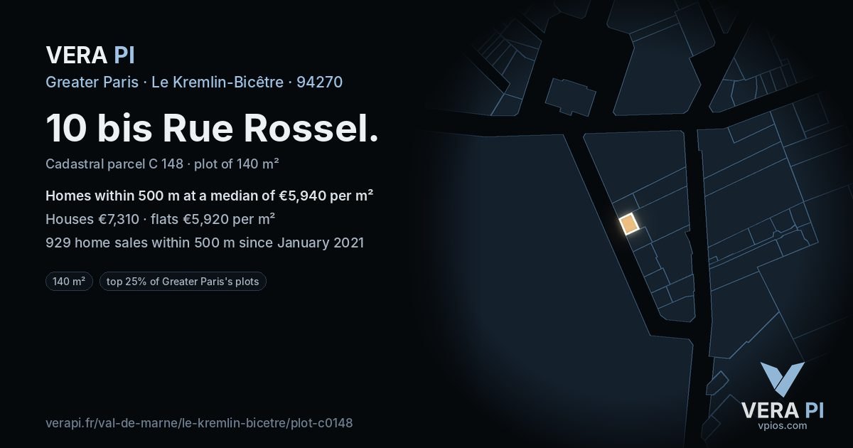 10 bis Rue Rossel, Le Kremlin-Bicêtre at night – the plot lit, the parcels around coloured by the prices near them