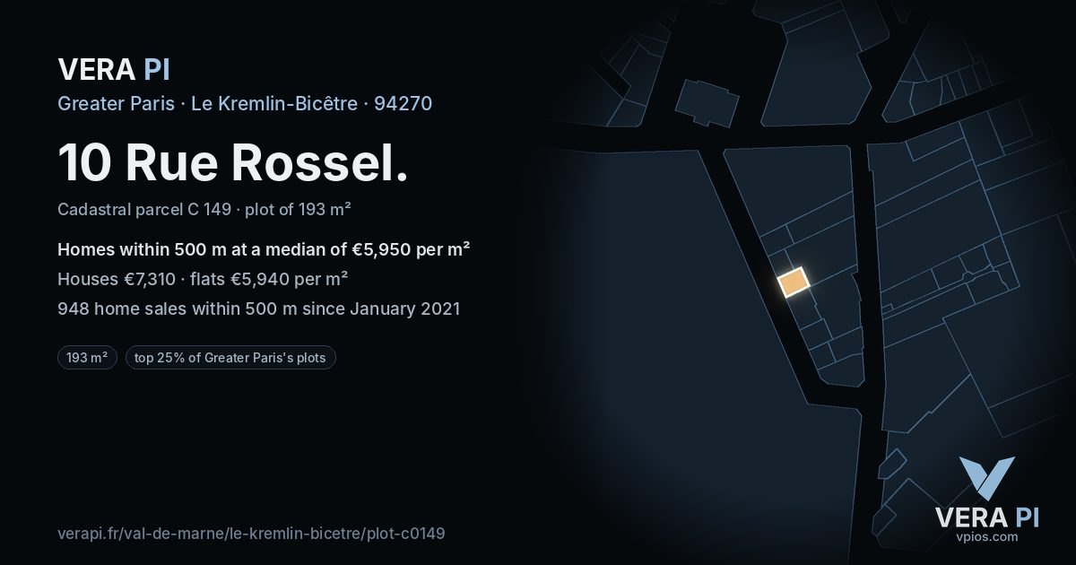 10 Rue Rossel, Le Kremlin-Bicêtre at night – the plot lit, the parcels around coloured by the prices near them