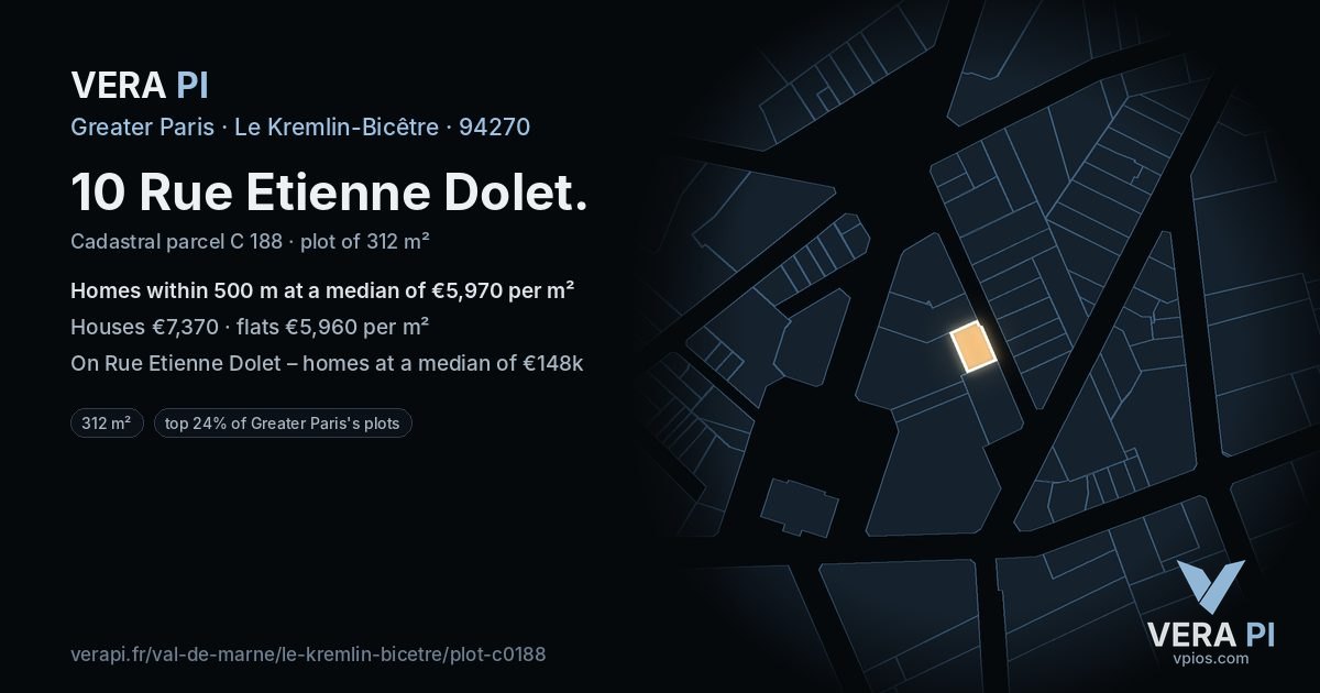 10 Rue Etienne Dolet, Le Kremlin-Bicêtre at night – the plot lit, the parcels around coloured by the prices near them