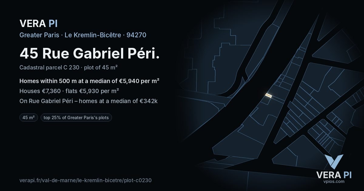 45 Rue Gabriel Péri, Le Kremlin-Bicêtre at night – the plot lit, the parcels around coloured by the prices near them