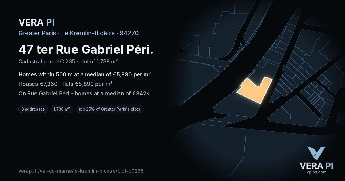 47 ter Rue Gabriel Péri, Le Kremlin-Bicêtre at night – the plot lit, the parcels around coloured by the prices near them