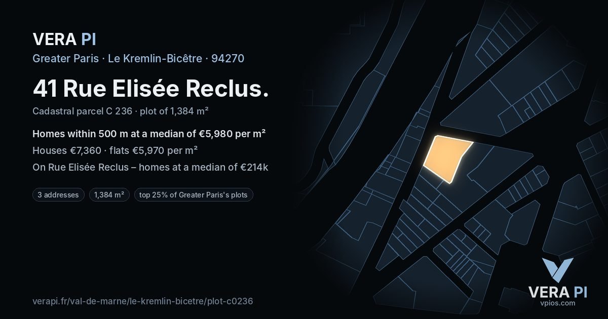 41 Rue Elisée Reclus, Le Kremlin-Bicêtre at night – the plot lit, the parcels around coloured by the prices near them