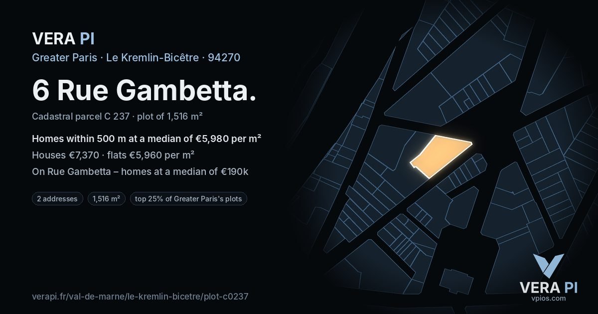 6 Rue Gambetta, Le Kremlin-Bicêtre at night – the plot lit, the parcels around coloured by the prices near them