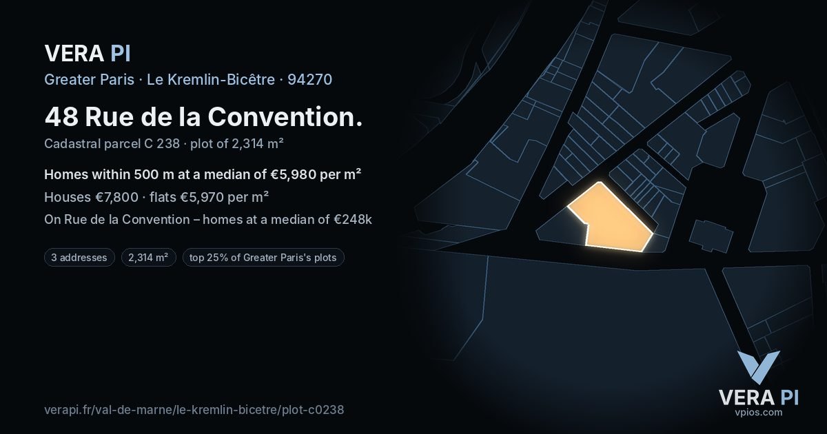 48 Rue de la Convention, Le Kremlin-Bicêtre at night – the plot lit, the parcels around coloured by the prices near them