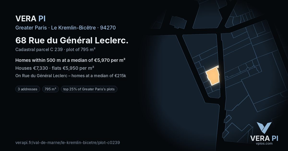 68 Rue du Général Leclerc, Le Kremlin-Bicêtre at night – the plot lit, the parcels around coloured by the prices near them