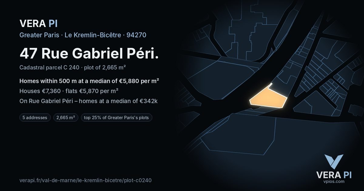 47 Rue Gabriel Péri, Le Kremlin-Bicêtre at night – the plot lit, the parcels around coloured by the prices near them