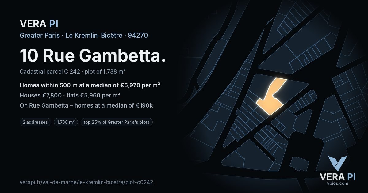 10 Rue Gambetta, Le Kremlin-Bicêtre at night – the plot lit, the parcels around coloured by the prices near them