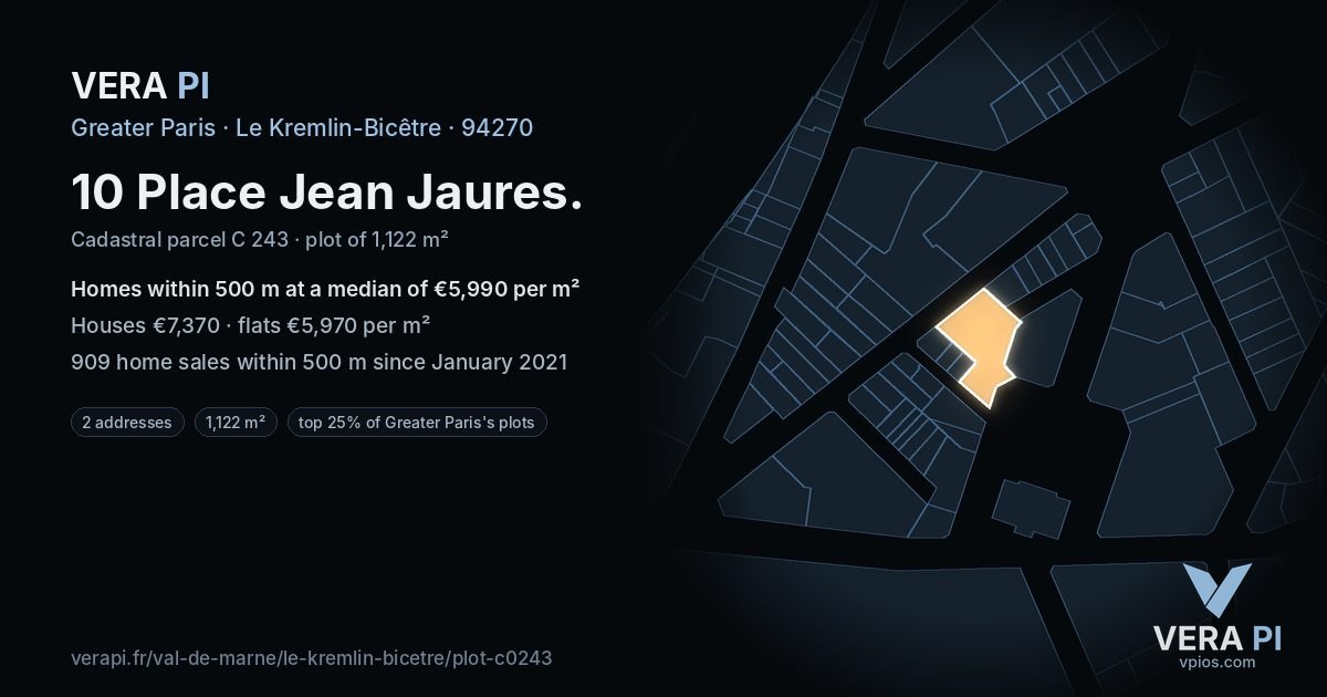 10 Place Jean Jaures, Le Kremlin-Bicêtre at night – the plot lit, the parcels around coloured by the prices near them