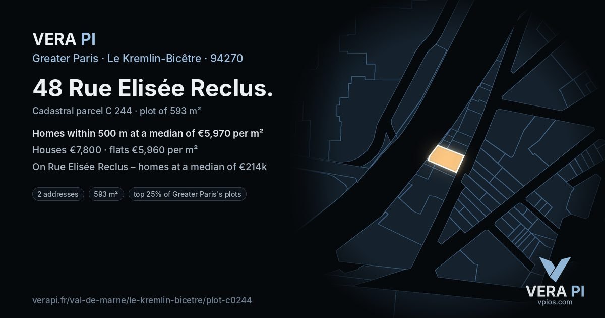 48 Rue Elisée Reclus, Le Kremlin-Bicêtre at night – the plot lit, the parcels around coloured by the prices near them