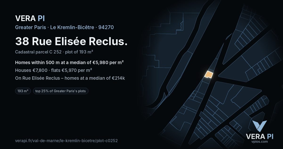 38 Rue Elisée Reclus, Le Kremlin-Bicêtre at night – the plot lit, the parcels around coloured by the prices near them