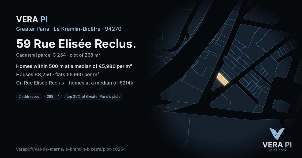 59 Rue Elisée Reclus, Le Kremlin-Bicêtre at night – the plot lit, the parcels around coloured by the prices near them