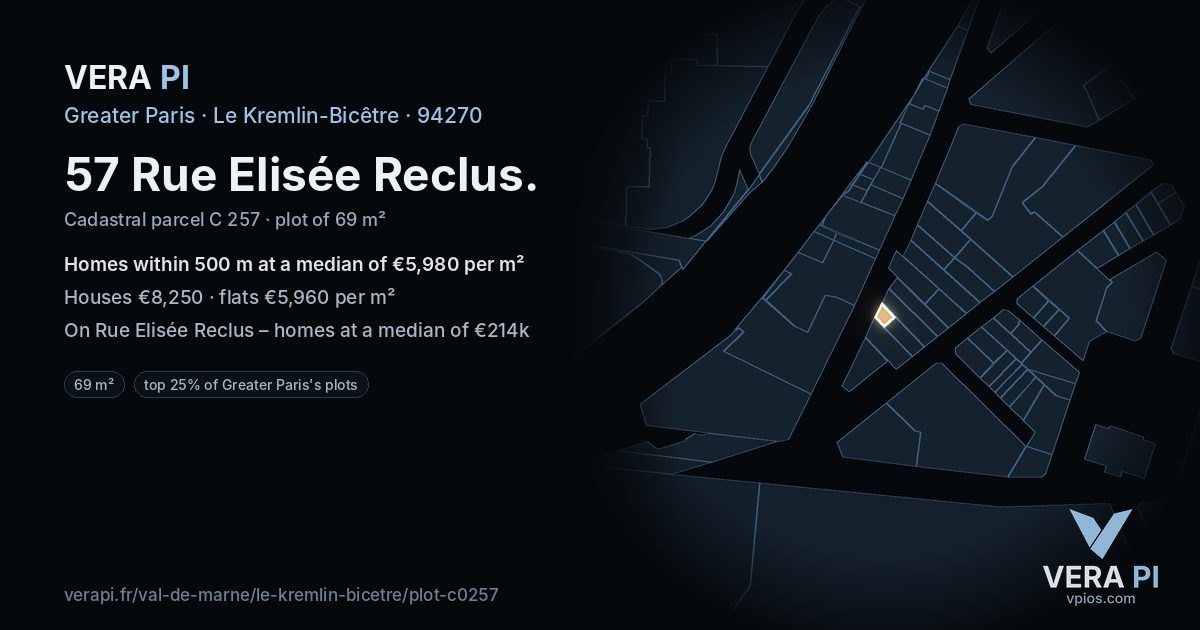 57 Rue Elisée Reclus, Le Kremlin-Bicêtre at night – the plot lit, the parcels around coloured by the prices near them