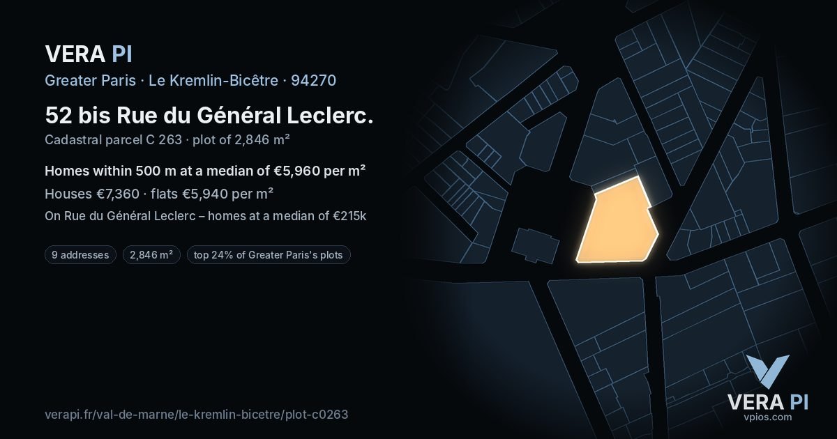 52 bis Rue du Général Leclerc, Le Kremlin-Bicêtre at night – the plot lit, the parcels around coloured by the prices near them