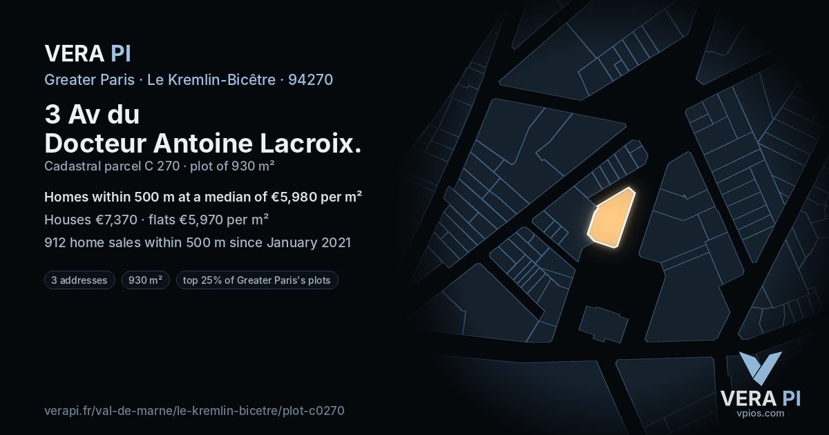 3 Av du Docteur Antoine Lacroix, Le Kremlin-Bicêtre at night – the plot lit, the parcels around coloured by the prices near them