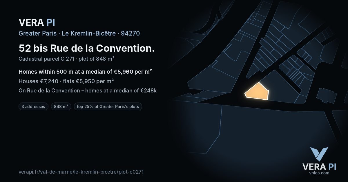 52 bis Rue de la Convention, Le Kremlin-Bicêtre at night – the plot lit, the parcels around coloured by the prices near them